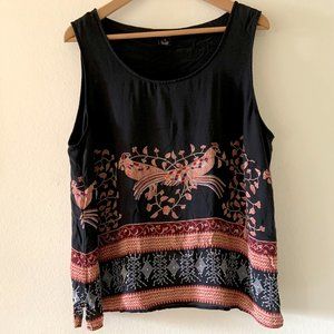 Citron Santa Monica Black Red 100% Silk Dual Birds Floral Sequin Graphic Tank 1X